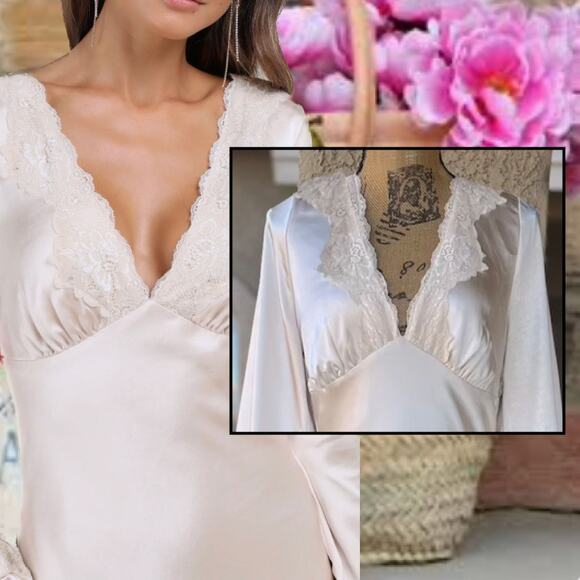 Lulus Women Illustrious Elegance Champagne Satin Long Sleeve Midi Dress Size M - Picture 2 of 10